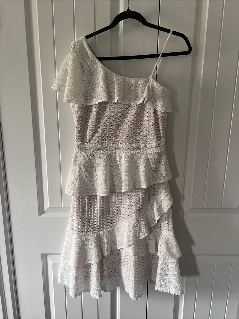 Adelyn Rae Trixie One-Shoulder Eyelet Tiered Midi Dress in White - Picture 3 of 6